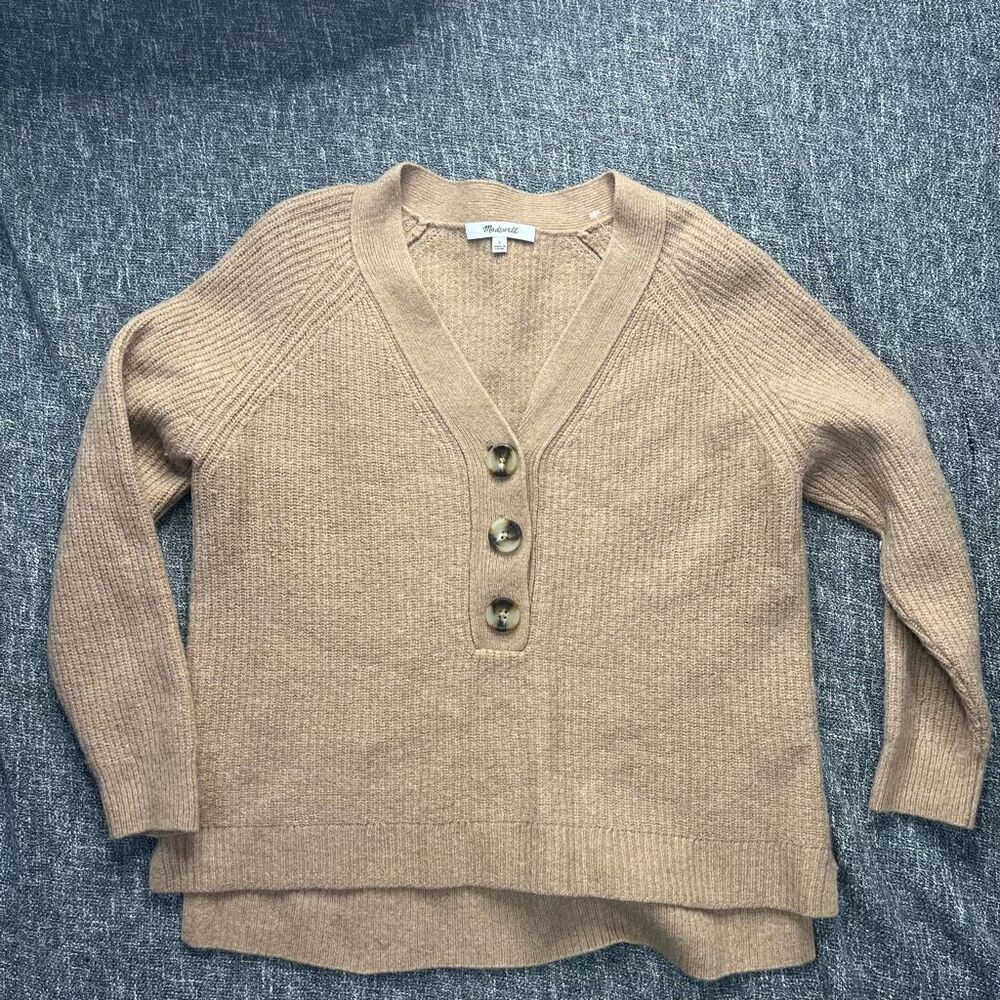 Madewell Womens Lyle Rib Henley Sweater Size Small Wool Blend Brown Hi Low Hem